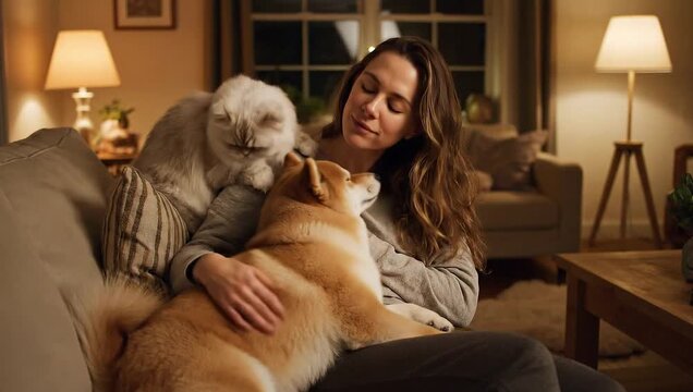 Loving woman cuddles Shiba Inu dog and Persian cat in cozy living room at night
