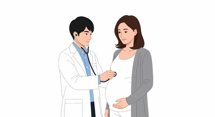Fototapeta premium A male doctor in a white coat uses a stethoscope to examine a smiling pregnant woman's belly during a prenatal check-up.