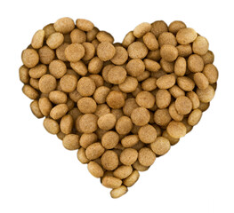 flat lay pet dog cat food kibble feed pellet in heart shape cutout