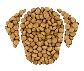 flat lay pet dog cat food kibble feed pellet in dog head shape cutout