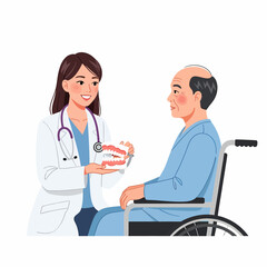 Dentist explaining dentures to senior patient in wheelchair.