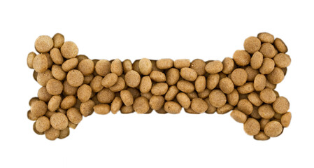 flat lay pet dog cat food kibble feed pellet in bone shape cutout