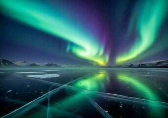Northern lights dancing above frozen lake and snowy mountains at night