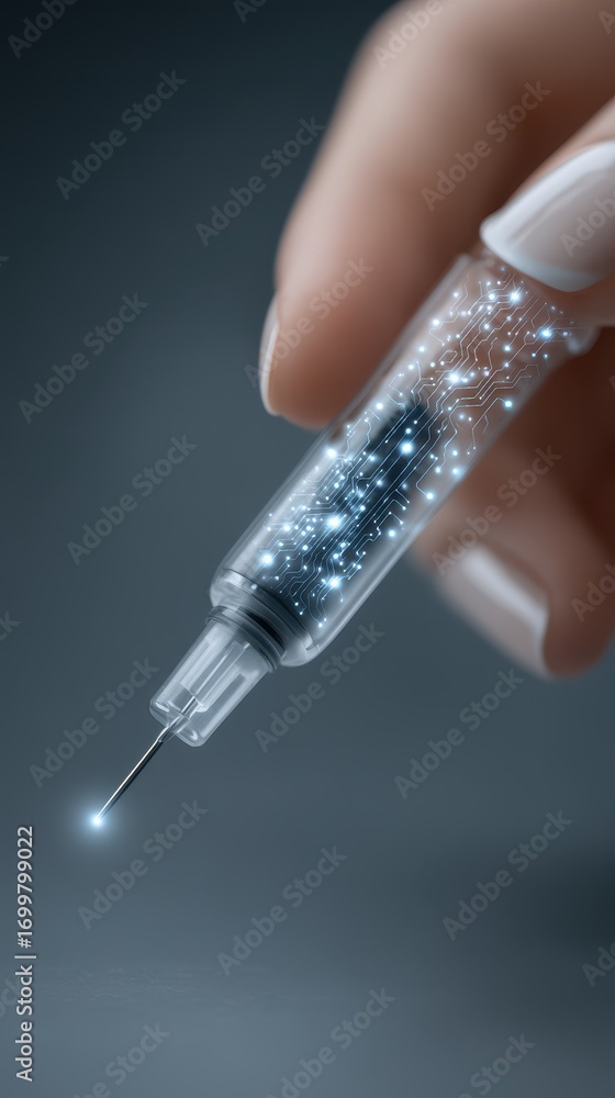 Poster hand applying painless nanoneedle injector with advanced technology emissions in a healthcare settin