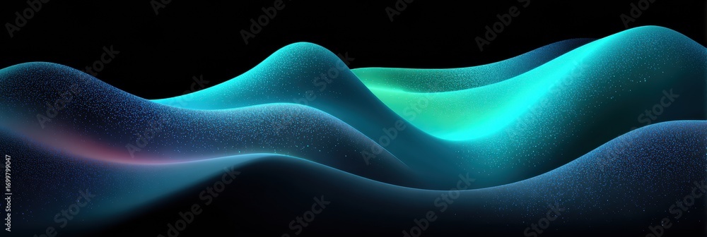Poster flowing digital waves in vibrant colors create an abstract landscape with a smooth and captivating t