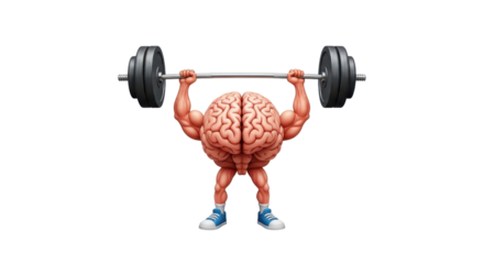 Isolated human brain character weightlifting heavy barbell, metaphor of cognitive effort