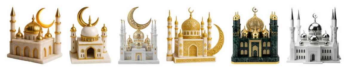 Obraz premium Islamic mosque model set including white marble, green, gold, and silver designs isolated. Religious holiday and cultural decoration.