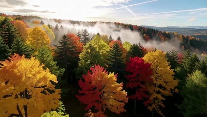 An aerial drone view of a vast forest with vibrant red, yellow, and orange foliage during peak autumn season, with mist rising from the valley - Powered by Adobe