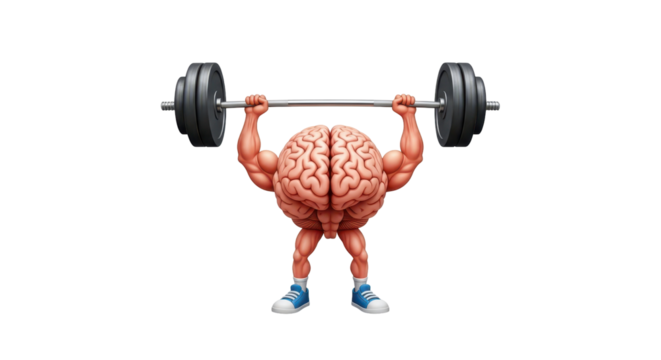 Isolated human brain character weightlifting heavy barbell, metaphor of cognitive effort