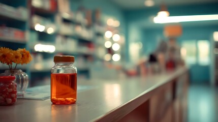 Glass jar with orange medication bottle on a pharmacy counter, bright and inviting atmosphere.