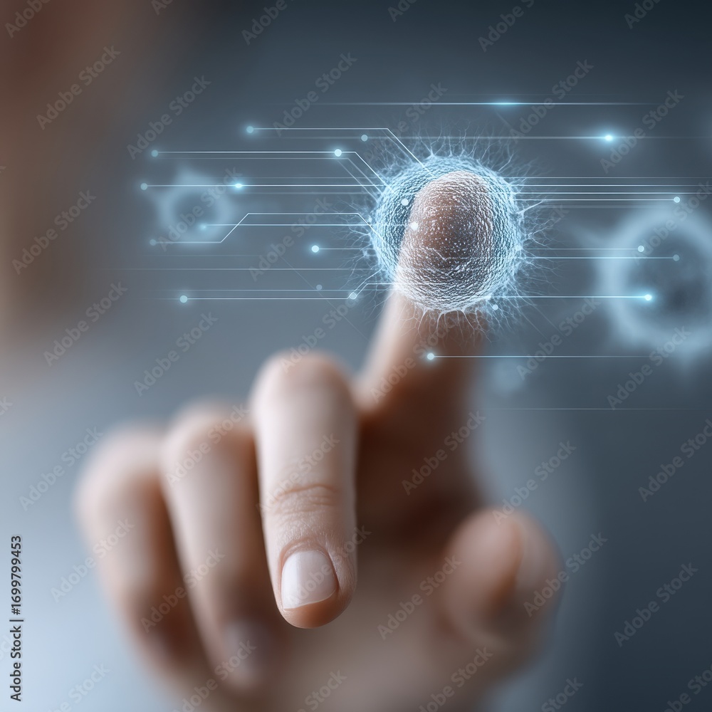 Aufkleber close-up of holographic biopsy being analyzed by autonomous ai system showcasing cellular detail and