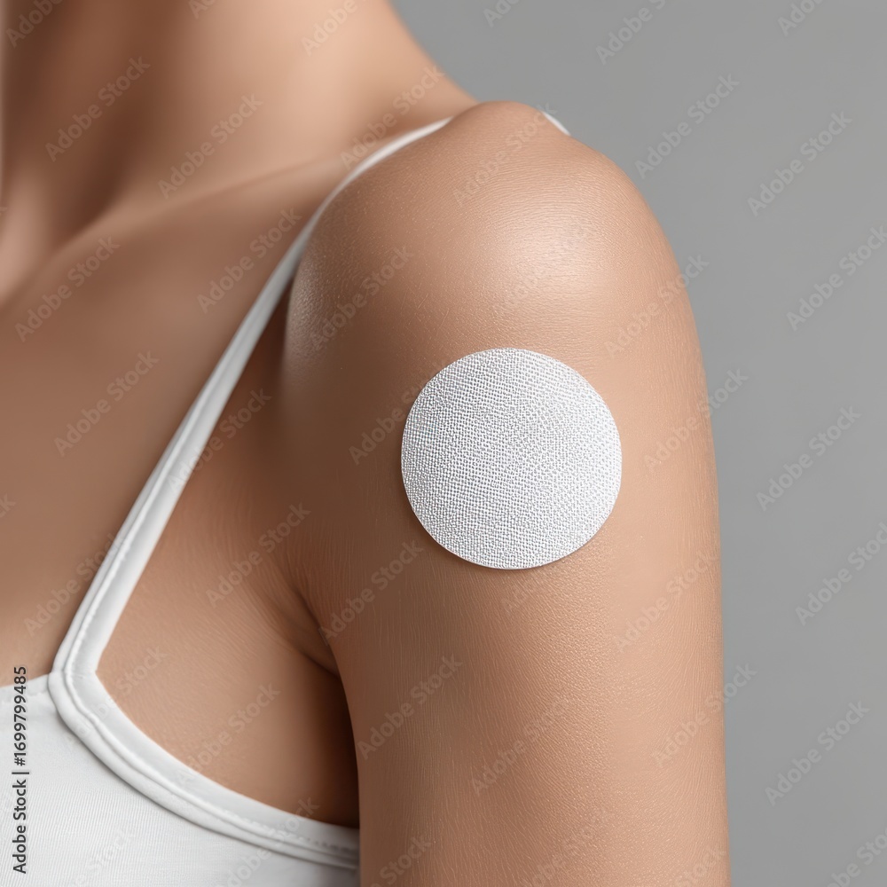 Poster close-up view of a smart health monitoring patch on clean skin showcasing a sleek design and digital