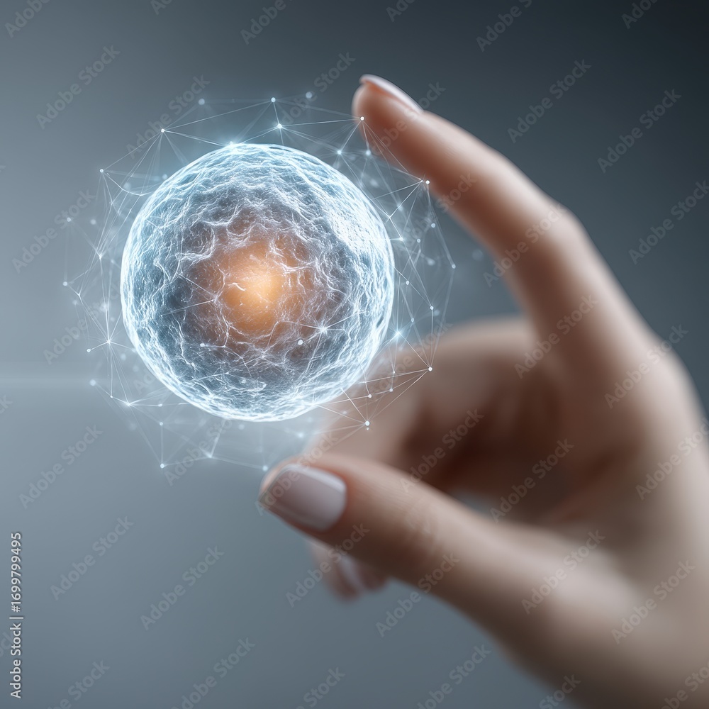 Aufkleber close-up of a holographic biopsy being analyzed by autonomous ai, showcasing intricate cellular deta