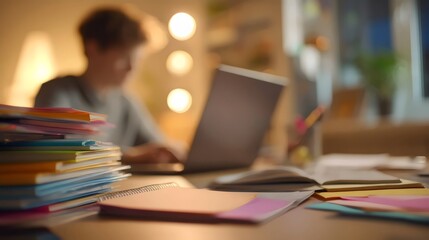 A focused young male student is studying at a desk surrounded by colorful stationery and papers.