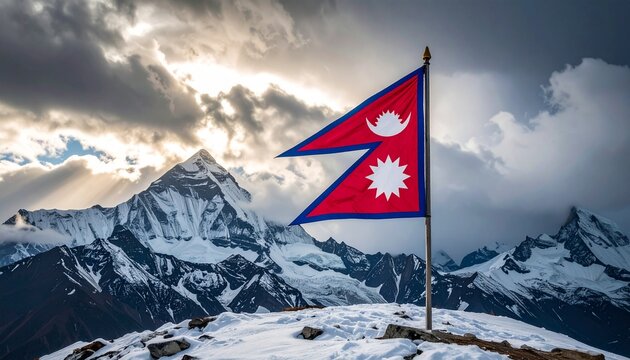 Nepal Flag with Snow Mountains