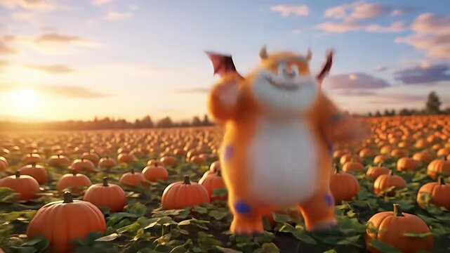 Cartoon monster with wings stands in a pumpkin patch against a sunset sky background