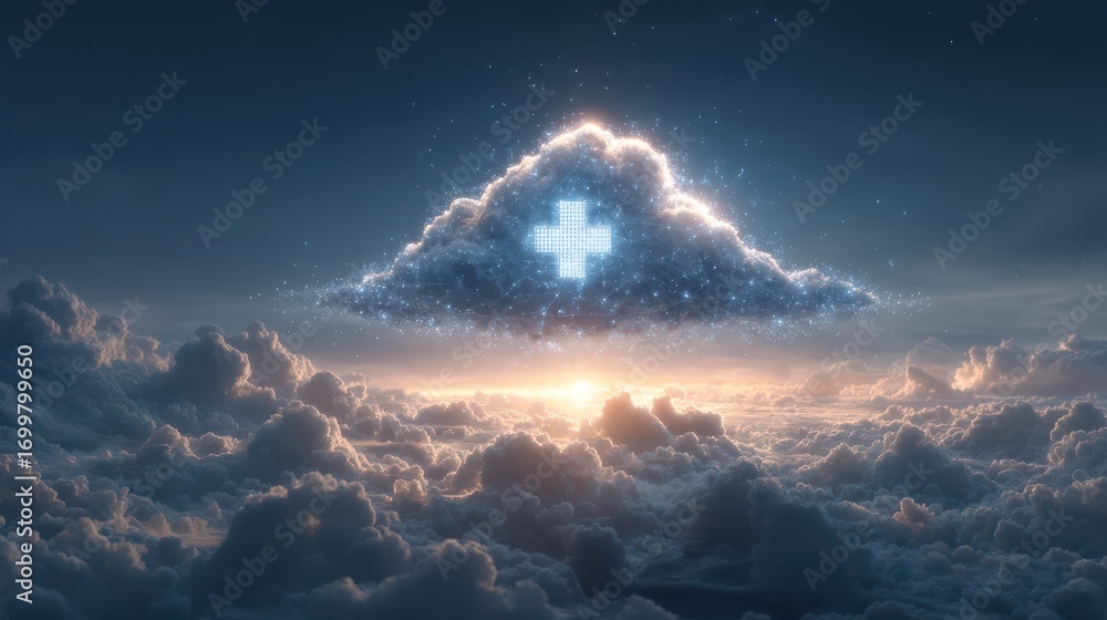 Poster visualizing the convergence of virtual health data with holographic medical icons floating above a s
