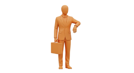 Isolated faceless orange model of business man with briefcase checking his watch time