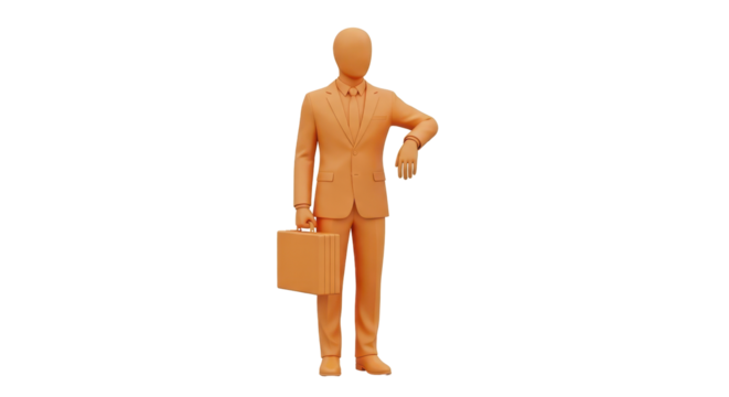 Isolated faceless orange model of business man with briefcase checking his watch time