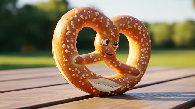 Playful animated pretzel character with a smiling face, set in a sunny park environment
