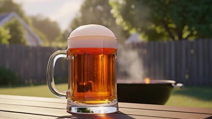 A frothy beer mug sits on a wooden table, with a barbecue grill steaming in the backyard