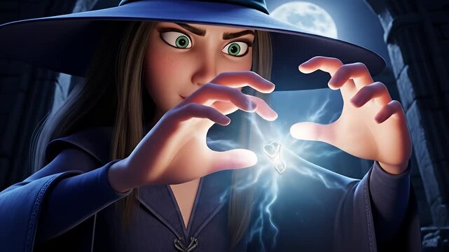 Animated witch casts a spell with energy between hands under a bright moonlit night