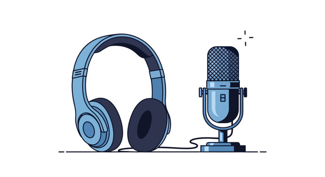 Modern blue microphone and headphones on a clean white background, perfect for audio recording, broadcasting, music production, podcasting, and digital content creation visuals - Powered by Adobe