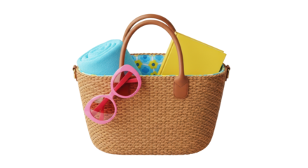 Isolated straw bag with accessories ready for summer vacation days at the beach, pool
