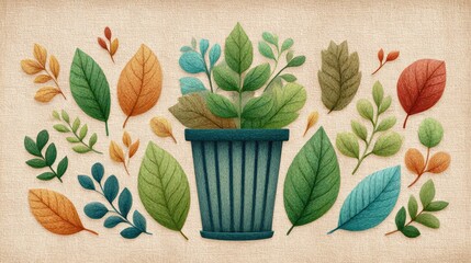 Autumn Leaves Surrounding Teal Planter on Beige Background