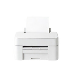 Front view of a white printer with paper isolated on transparent background, showcasing its sleek design and functionality for home or office use
