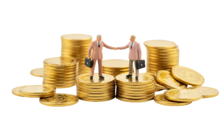 Isolated business deal between business partners on top of stacks of gold coins