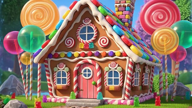 Colorful gingerbread house surrounded by oversized candies and a whimsical garden setting