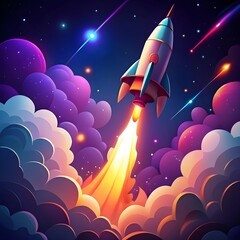 Colorful Digital Art Rocket Launch – Vibrant Space Scene with Stars and Clouds