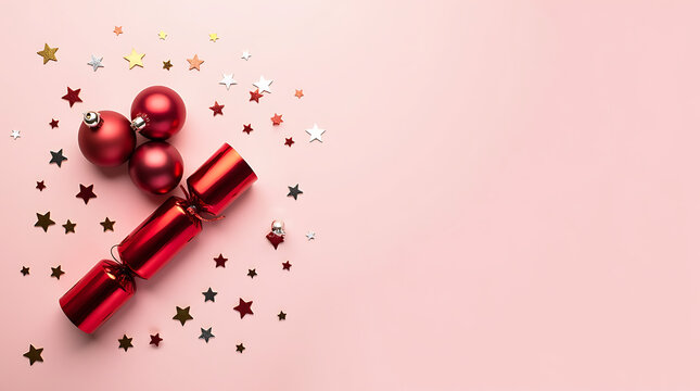 Red Christmas cracker and baubles scattered with gold and silver stars on a pale pink background ornament - Powered by Adobe