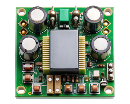 Square circuit board with a power filtering circuit isolated on white background ,PNG. AI Generated.
