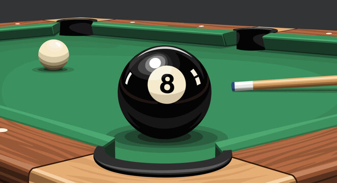 8 Ball Pool Game Billiards Cue Stick on Green Table