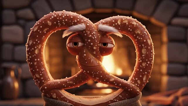 A cheerful animated pretzel character with a warm smile, sitting by a cozy fireplace in a rustic setting
