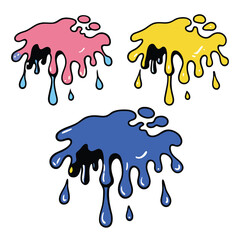 Vibrant cartoon paint splashes in pink, yellow, and blue colors