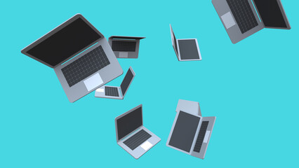 ランダムに宙を舞うノートパソコン