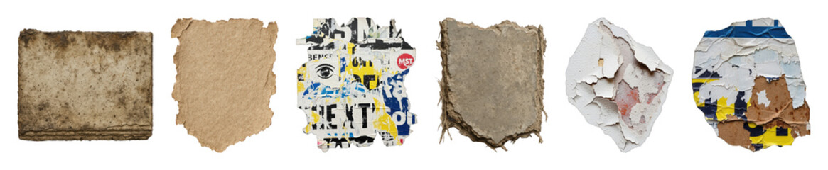 Fototapeta premium Distressed texture set including old paper, ripped kraft, peeling paint, and grunge poster fragments isolated. Graphic design elements and backgrounds.