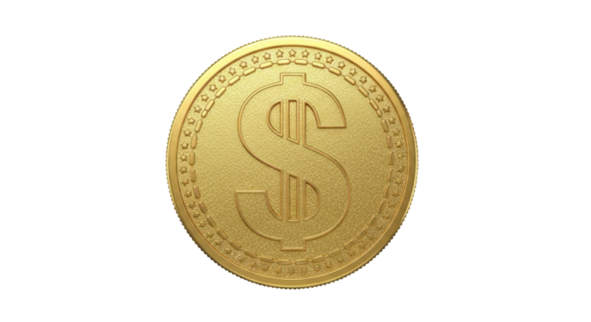 Isolated golden dollar coin with currency symbol for finance, business, and economy use