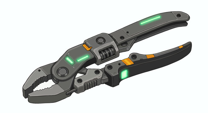 Sleek, futuristic pliers featuring glowing green details, a versatile and advanced mechanical tool for modern engineering tasks and innovation