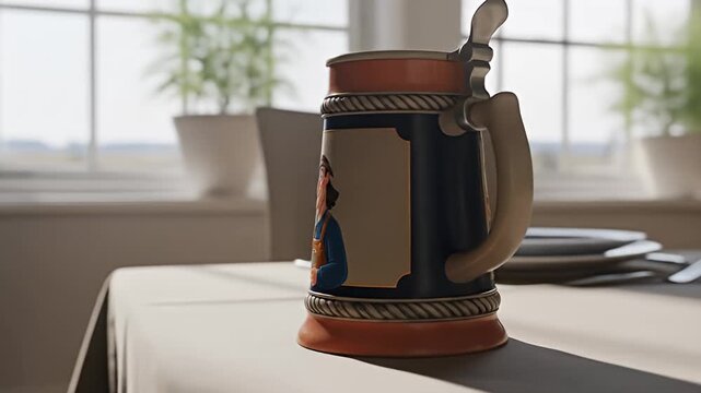 A decorative beer stein with a character illustration on a dining table in a well-lit room