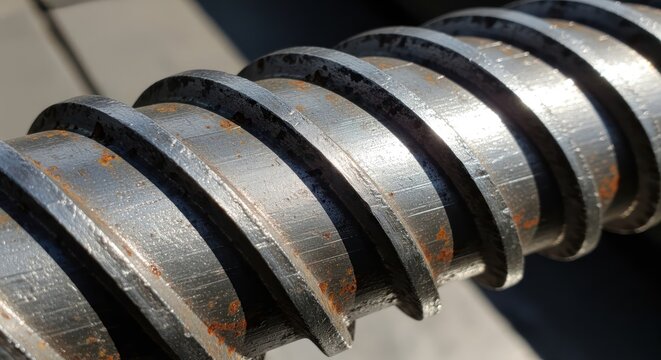 Close-up of a large threaded metal screw with signs of rust