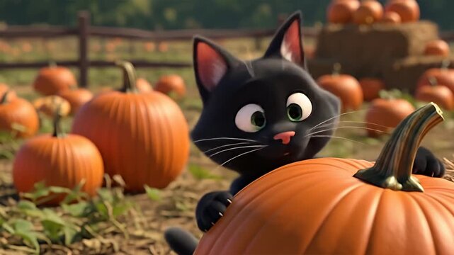 Playful black cat curiously examines a large pumpkin in a vibrant autumn pumpkin patch