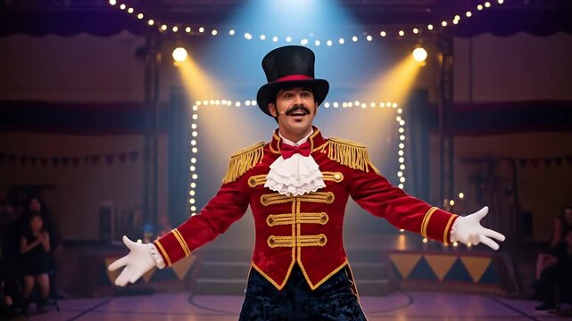 A charismatic ringmaster in a vibrant circus setting, captivating the audience with flair and charm