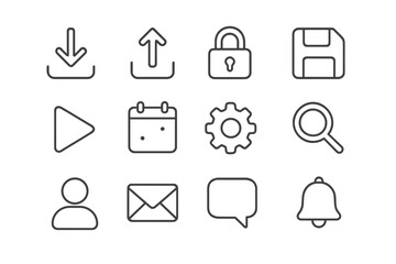 Icons representing common digital actions and functions suitable for user interfaces in modern apps