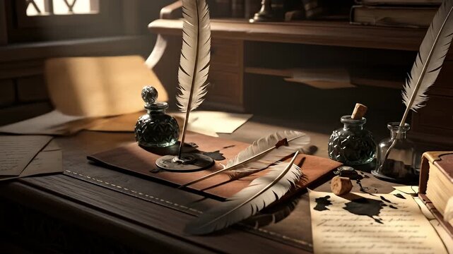 Antique writing desk with quills and ink pots surrounded by scattered papers and books