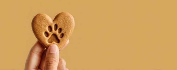Hand holding heart shaped pet treat with paw print, symbolizing love for pets and joy in sharing