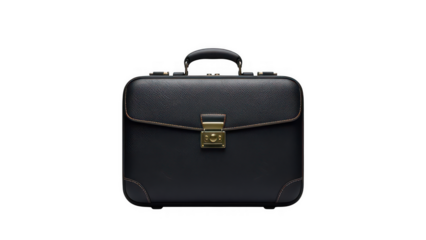 Elegant black leather briefcase with a secure golden lock isolated on transparent background, perfect for professional use and carrying important documents